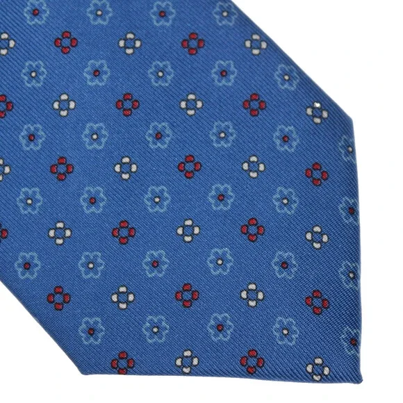 Drake's NWT Neck Tie in Blue w/ Red/White/Light Blue Geometric Pattern 100% Silk